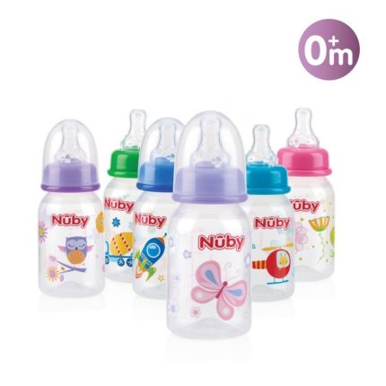 NÛBY BIBERON CLASSIQUE POLYCARBONATE IMPRIMÉ 120ML À COL STANDARD DÉBIT 3 VITESSES +0 MOIS RÉF : ID1477