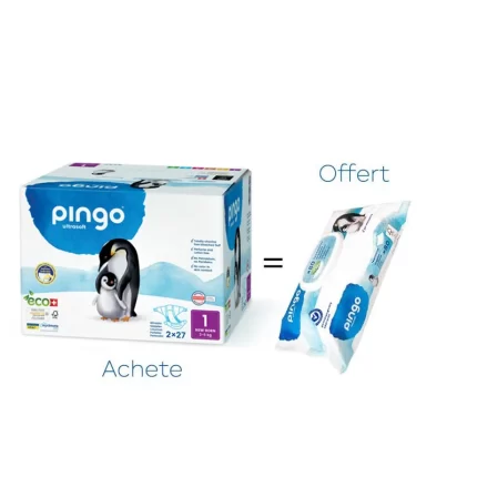 PINGO COUCHES ÉCOLOGIQUES JETABLES NEW BORN JUMBO TAILLE 1 (2-5 KG) 2X27 COUCHES + PINGO LINGETTES PAQUET DE 80 OFFERTE